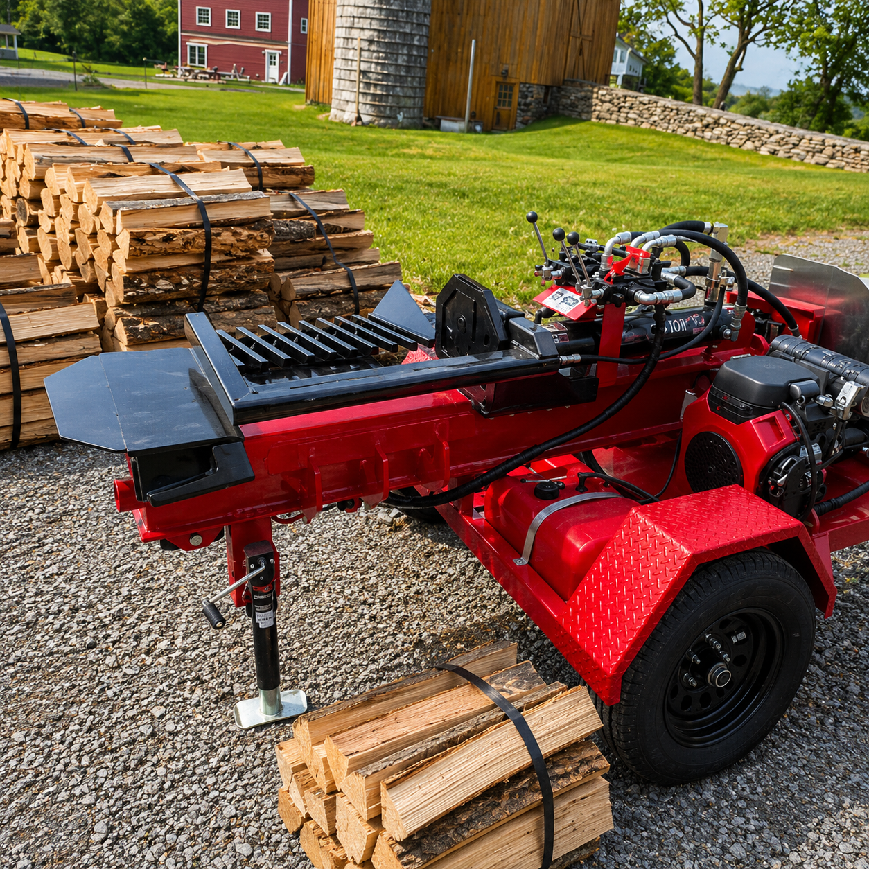 Firewood splitter machine with stacks of cut logs in an outdoor area under a clear sky.