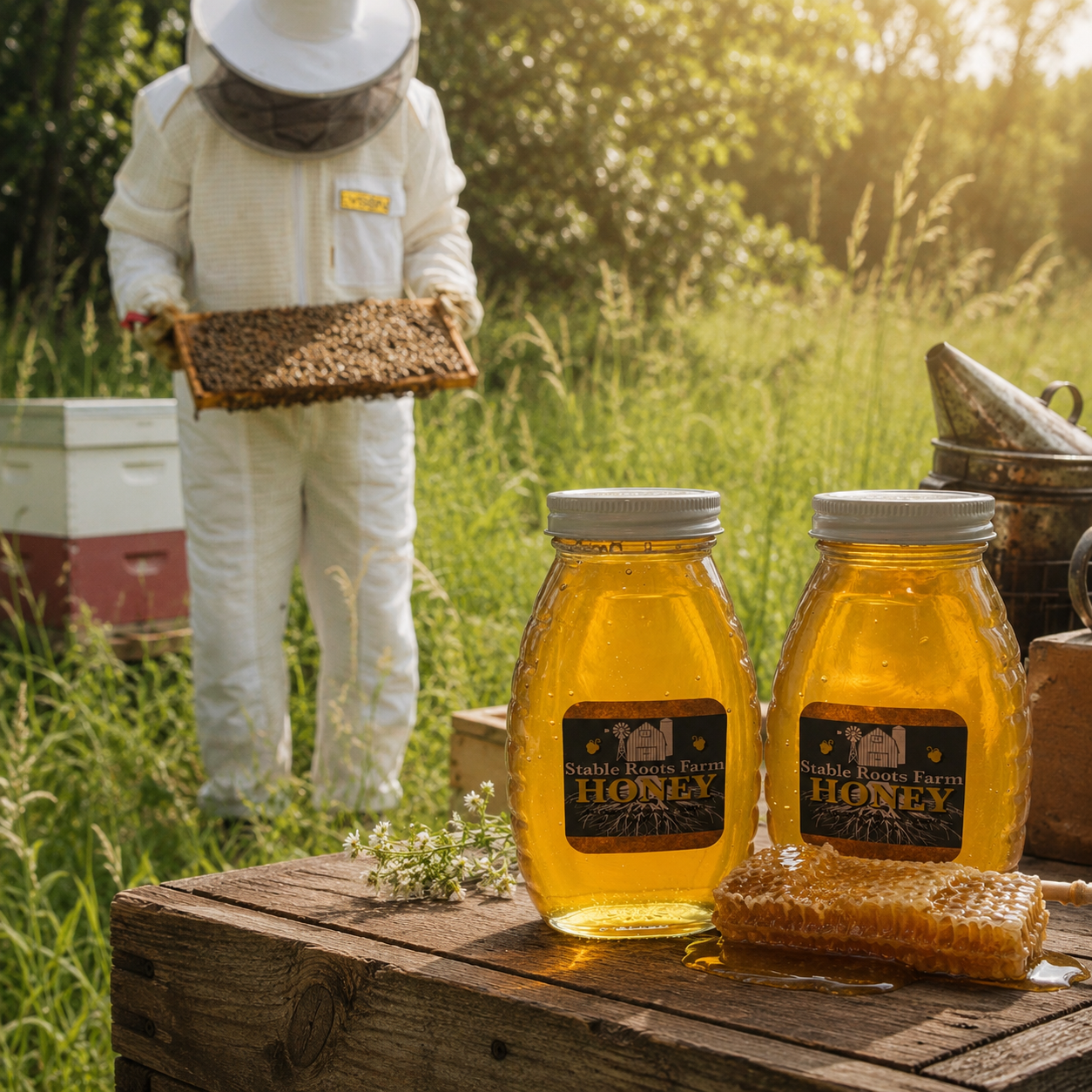 Two jars of honey labeled 'Stable Roots Farm Honey' on a wooden table with a honeycomb piece in front, in a grassy outdoor setting with a beekeeper holding a honeycomb frame in the background.