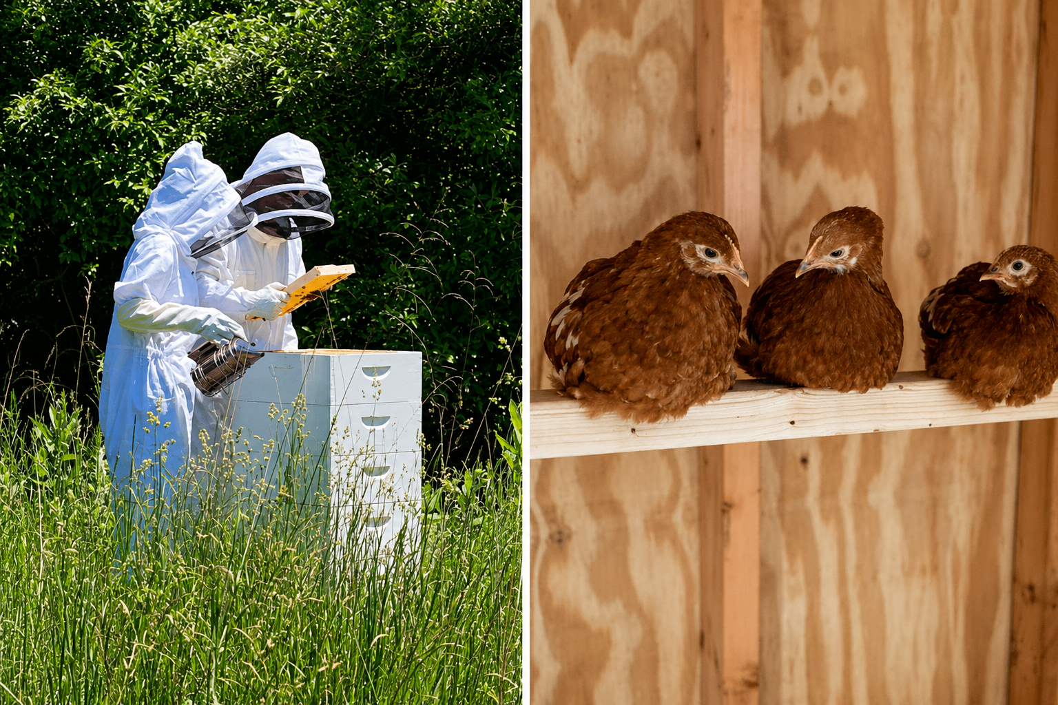 Two beekeepers in white protective suits inspecting a beehive outdoors on a sunny day, and three brown chickens sitting on a wooden perch inside a barn.