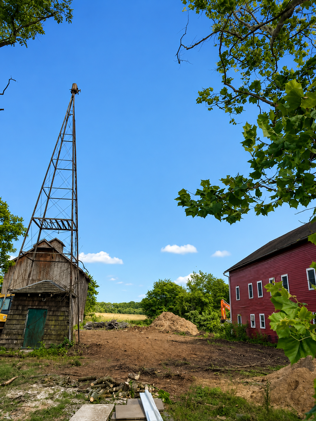 A rural scene featuring a tall, weathered wooden barn and a metal windmill on the left, a pile of dirt and construction equipment in the center, and a red house on the right. Green trees and a blue sky with a few clouds are in the background.