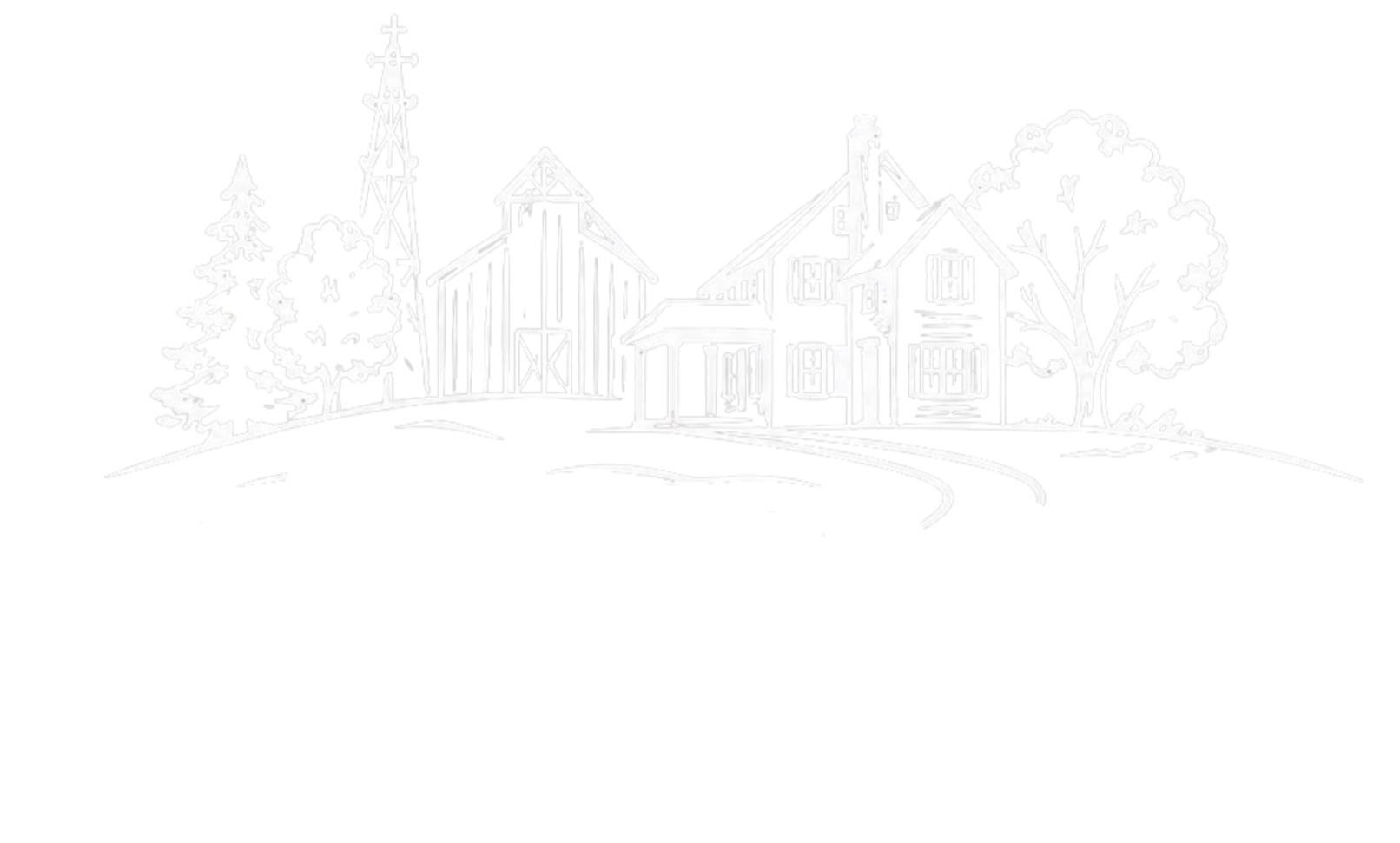Outline drawing of a rural scene with a farmhouse, a barn, and trees against a black background.