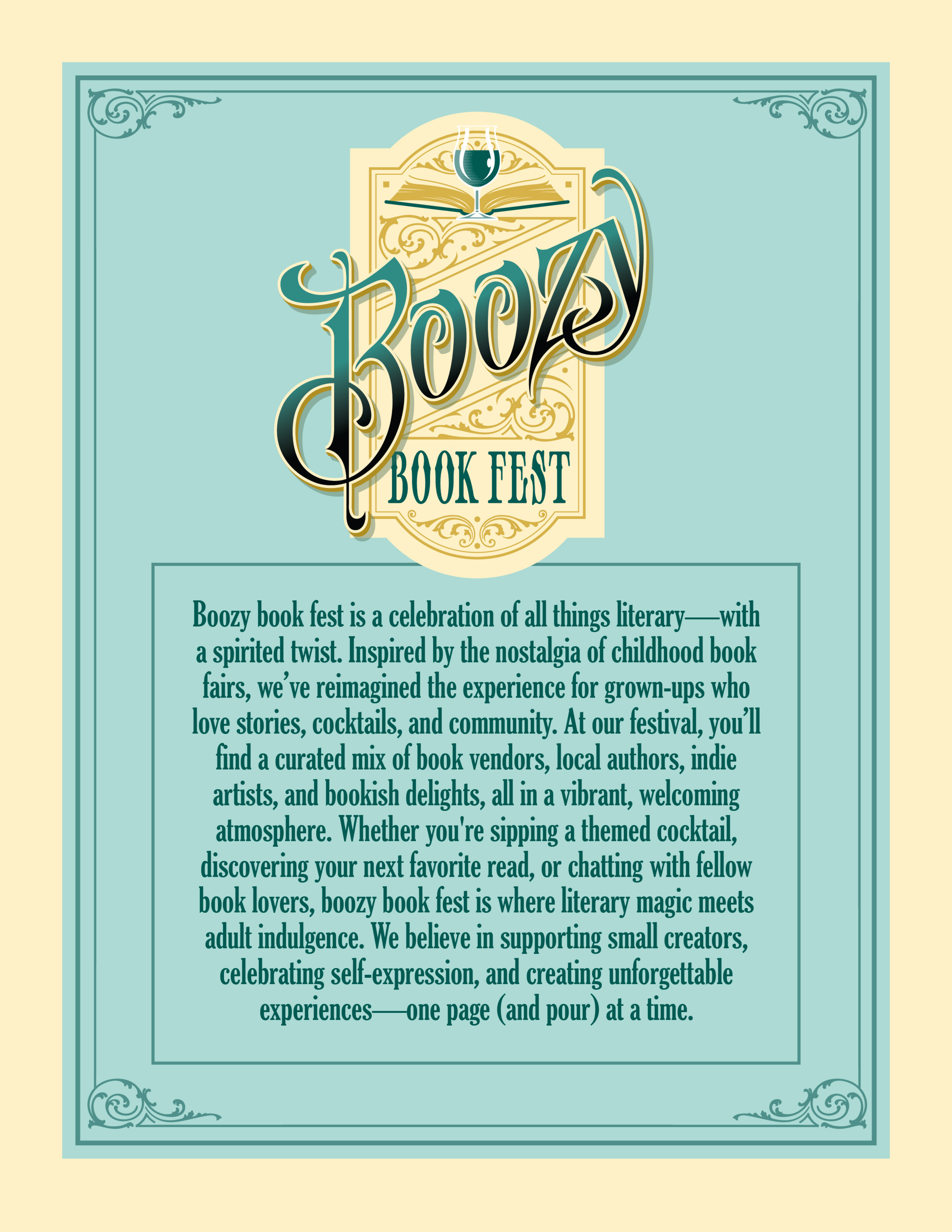 An informational flyer for Boozy Book Fest featuring a decorative teal and gold border, with a title that reads 'Book Fest' in large ornate lettering, a stylized illustration of a wine glass, an open book, and intricate scrollwork.