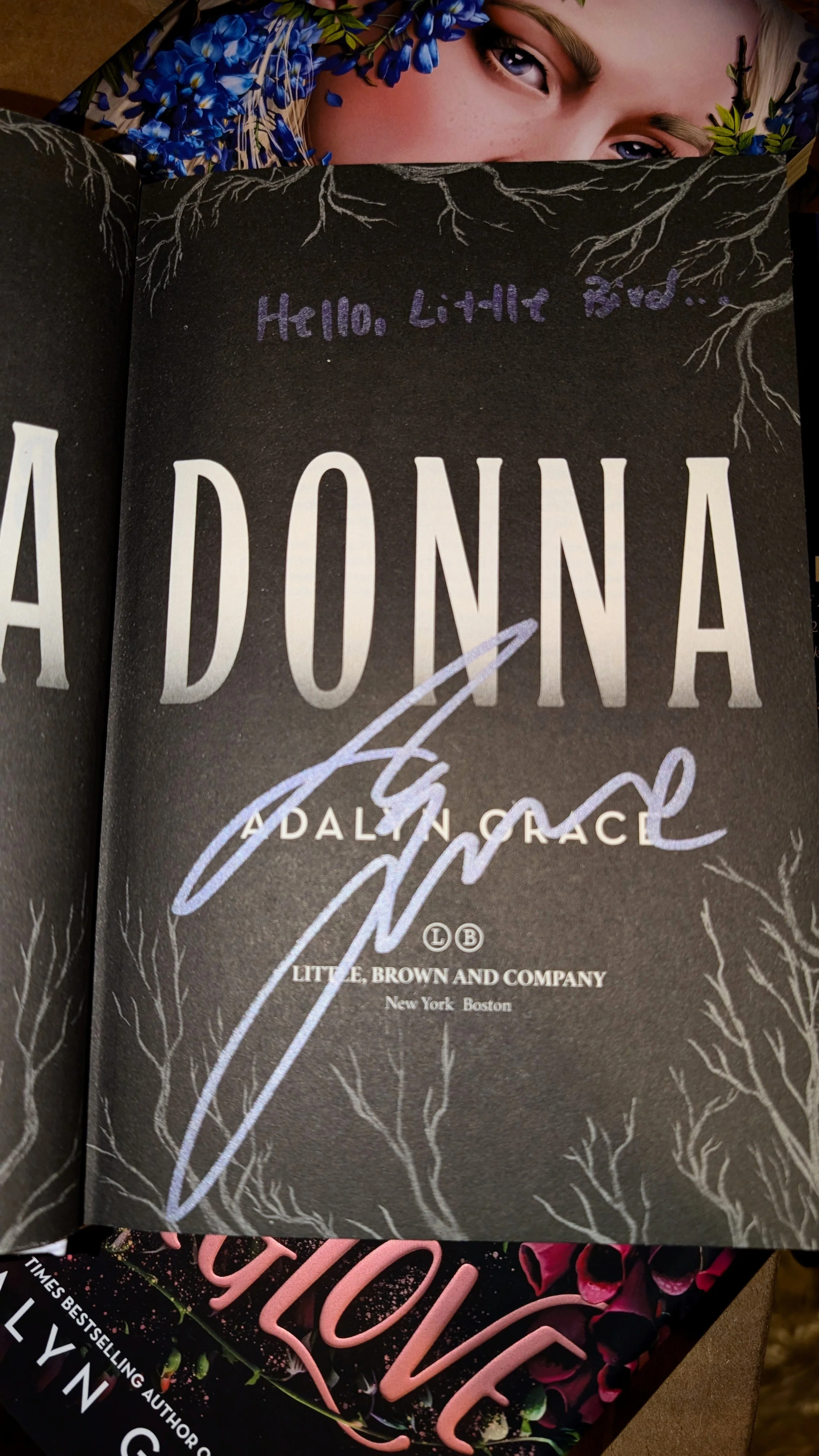 Close-up of a woman holding an open book by Adalin Grace, featuring artistic white tree branch illustrations and handwritten purple text that says "Hello Little Bird..." 