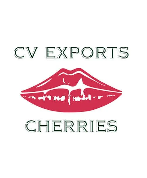 Logo for CV Exports Cherries with a pair of red lips in the center.