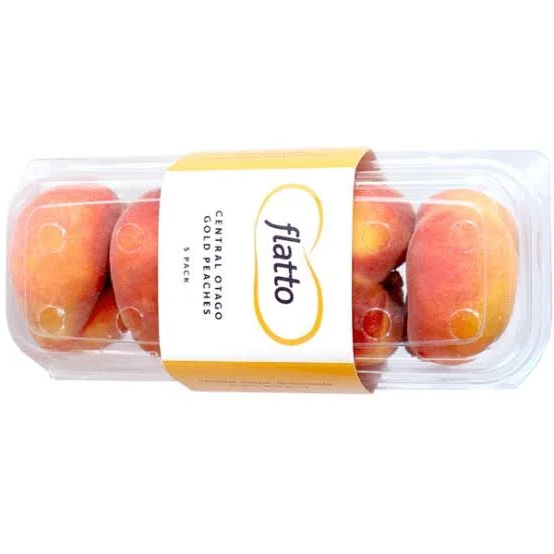 Clear plastic container of Central Oregon Gold Palaces peaches from Flatto, 5-pack.