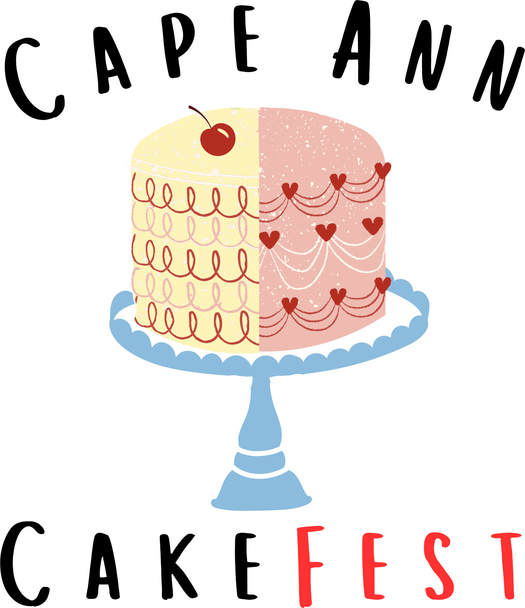 the words Cape Ann are above a cake on a cake stand. The left side of the cake has light yellow frosting with a cheery on the top and the right side of the cake has darker pink frosting with red hearts. Under the cake stand are the words Cake Fest