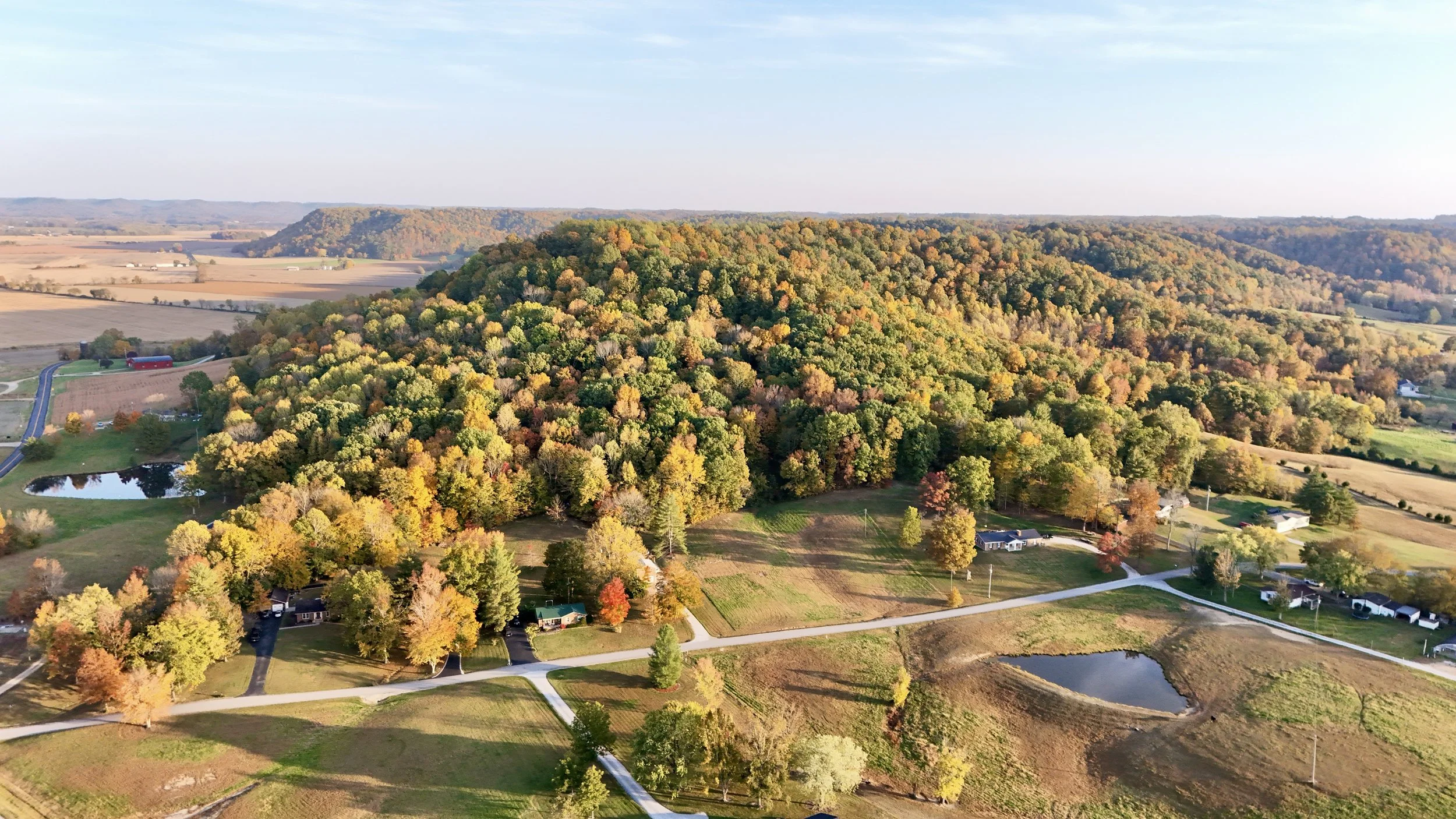 Aerial view of a rural landscape with a dense wooded hill, small houses, a pond, farmland, and rolling hills in the distance under a blue sky.