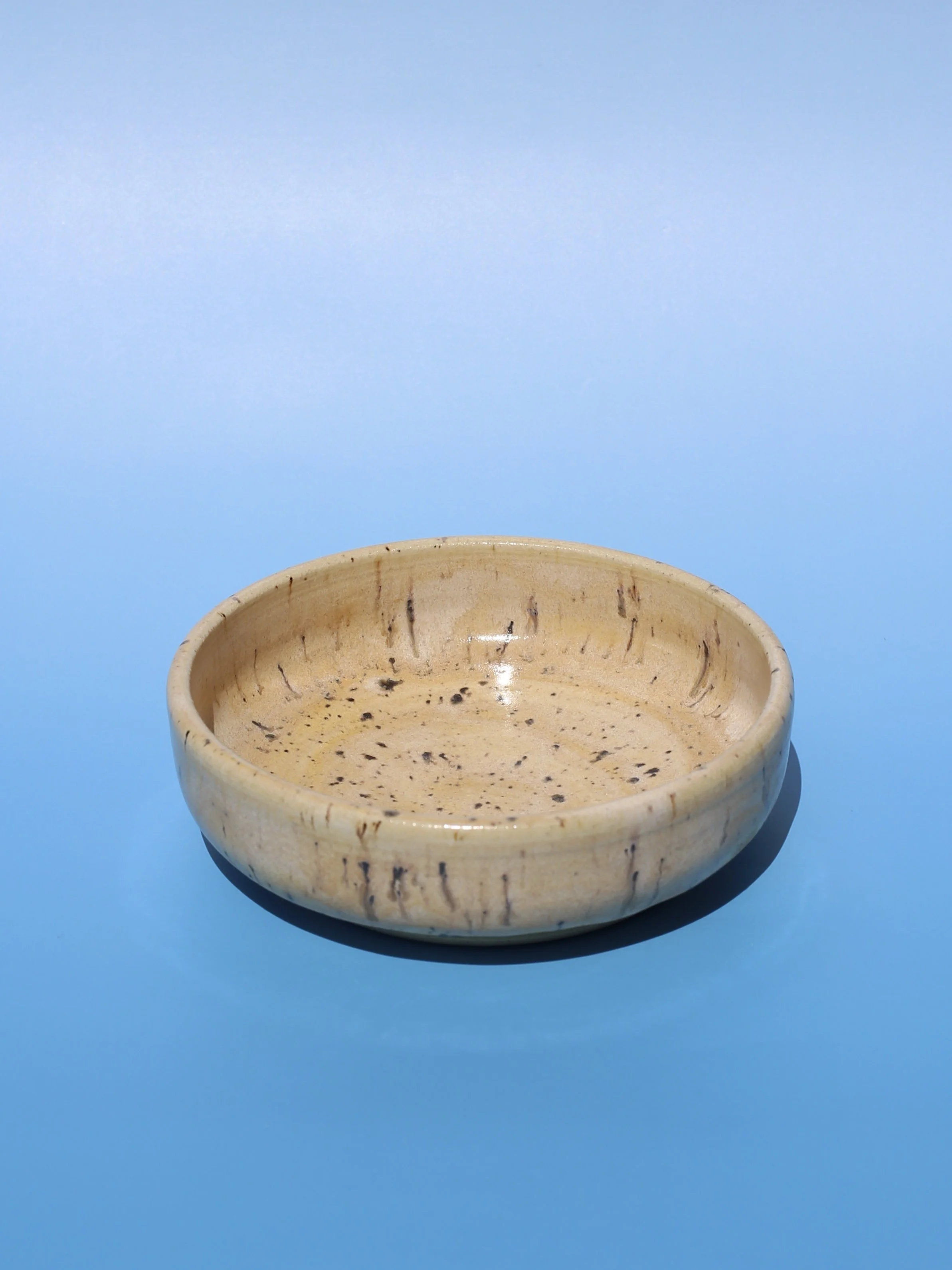 A small, round, beige ceramic bowl with dark speckles, set against a bright blue background.