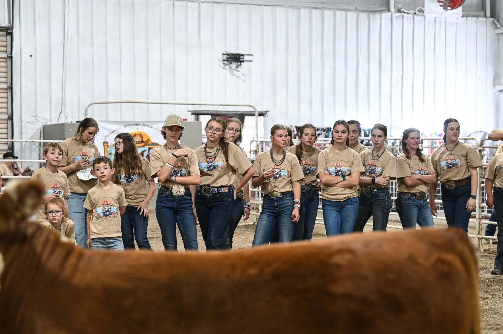Miniature Hereford Junior Nationals exhibitors participating in the showmanship clinic presented by Glen Toews in North Platte, Nebraska.