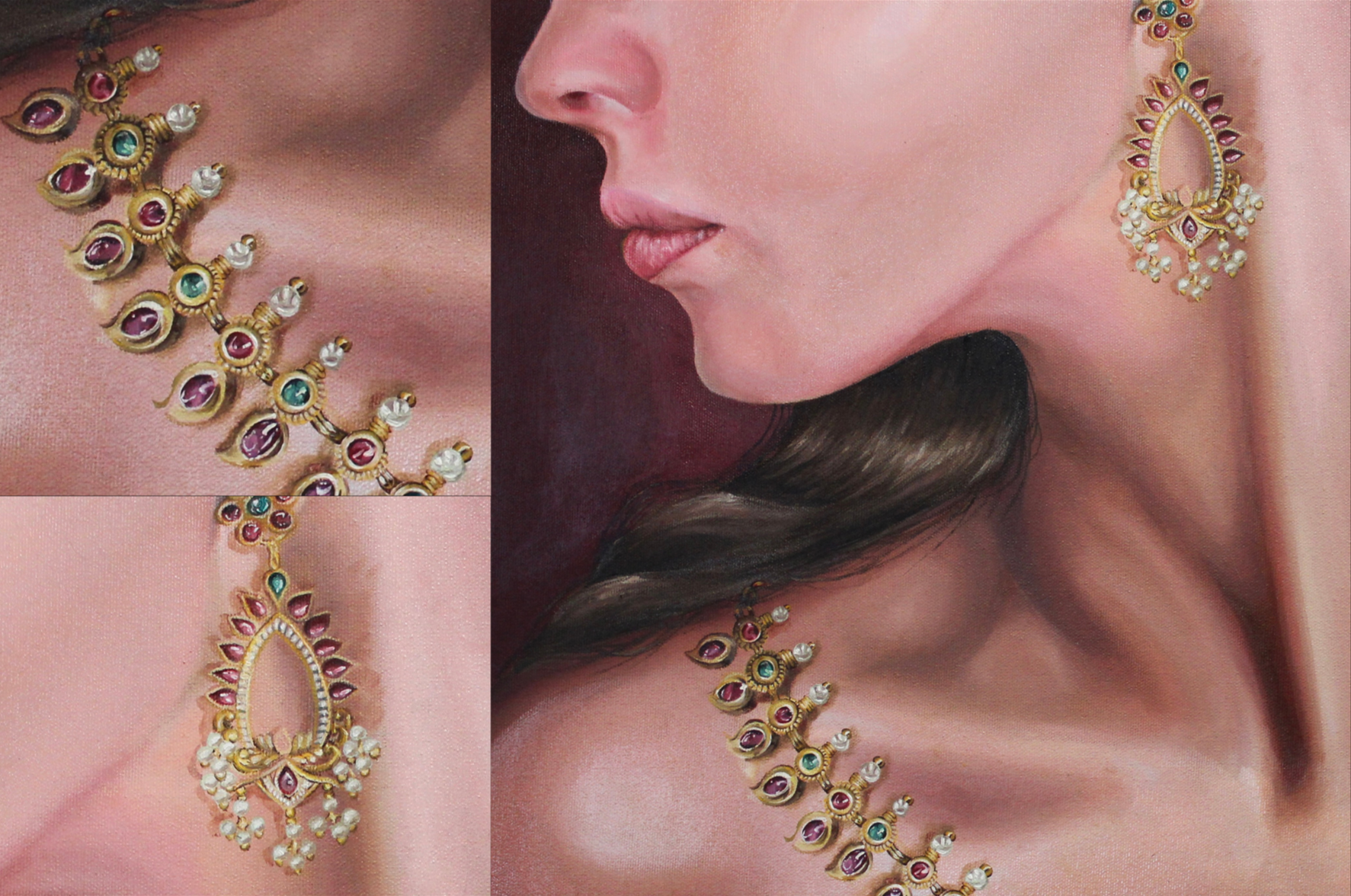 Close-up of a woman wearing elaborate gold jewelry with colorful gemstones and pearls, including earrings, necklaces, and a hair accessory, against a dark background.