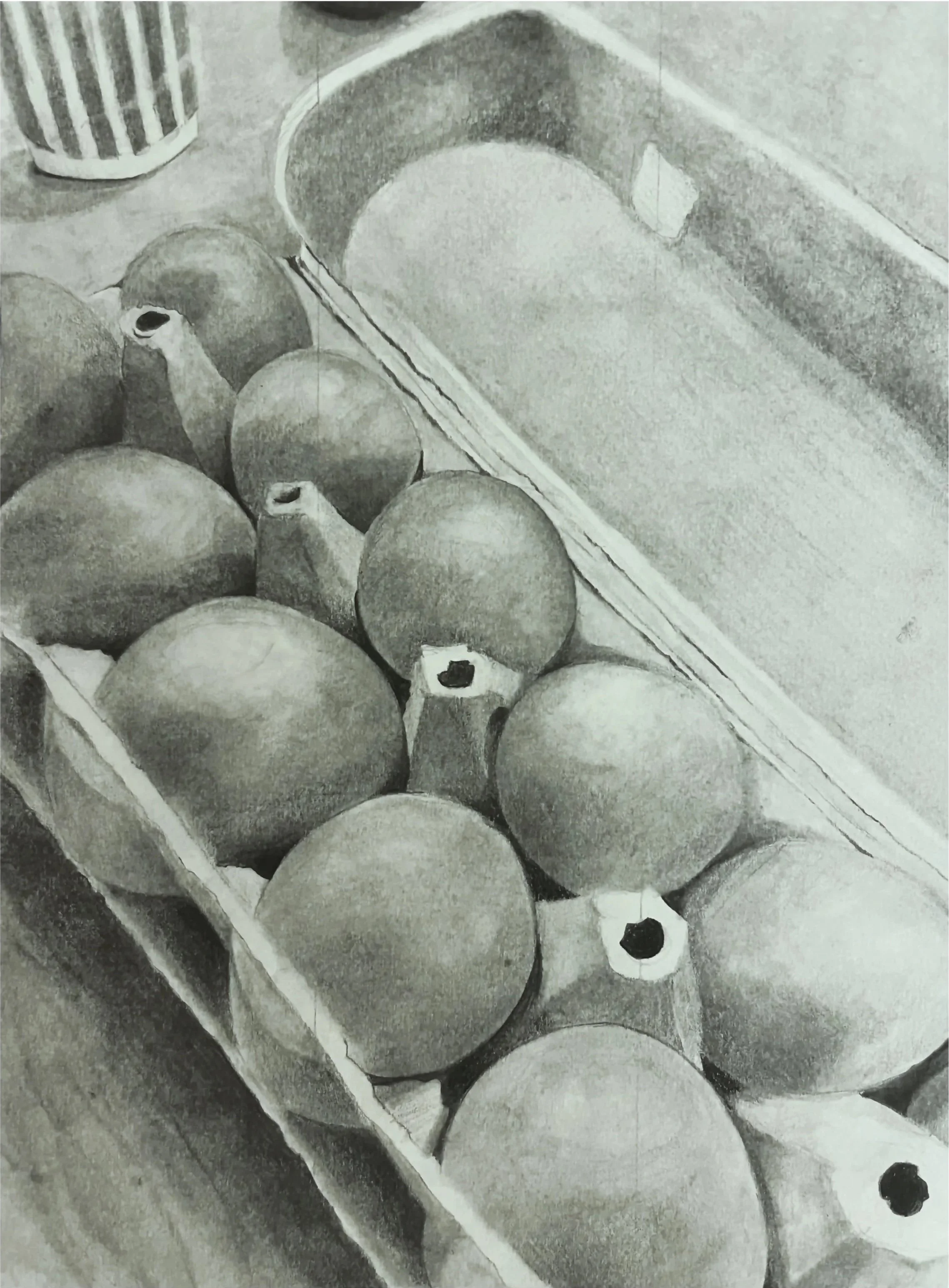 Black and white drawing of a tray of eggs with a carton in the background.