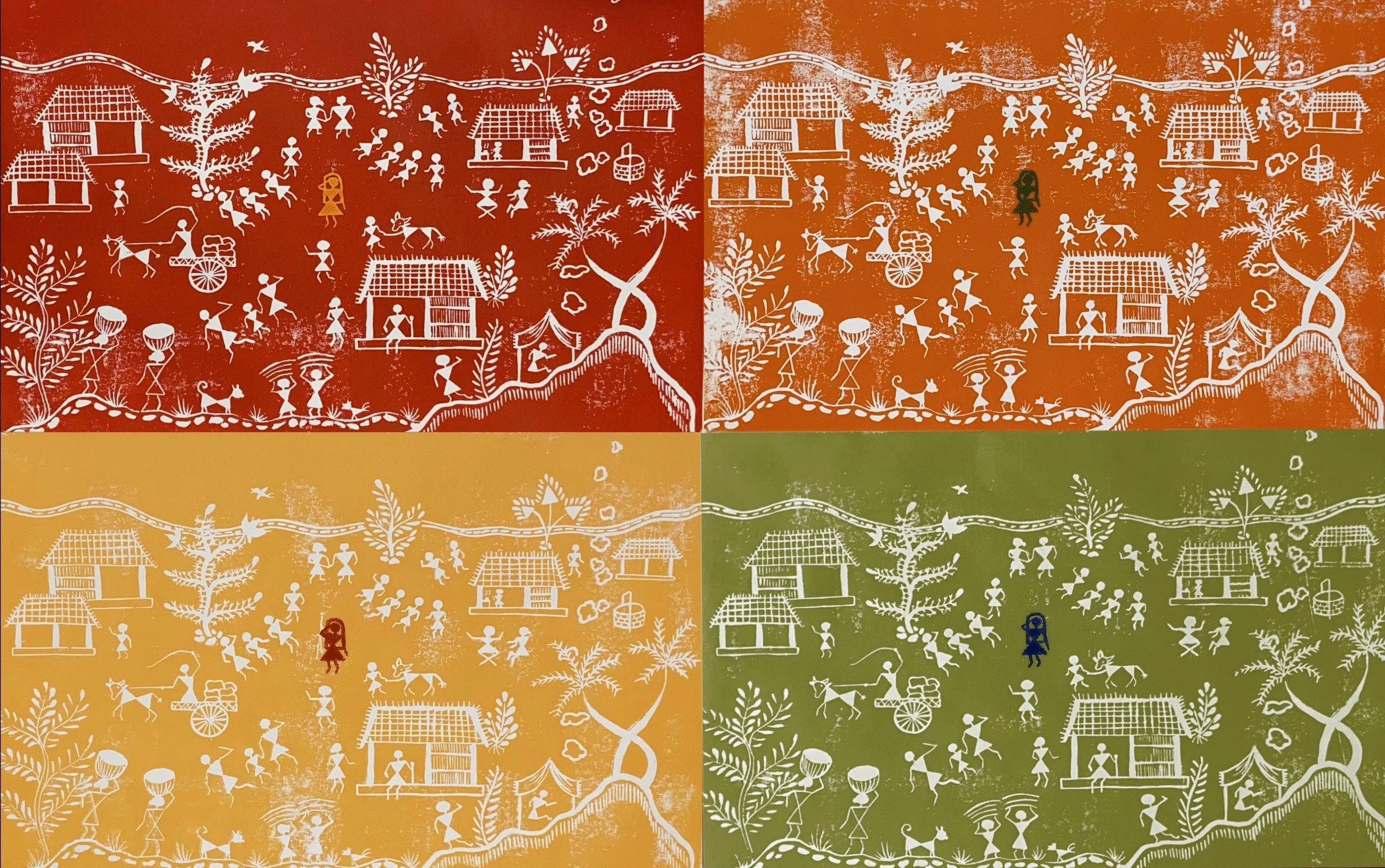 Colorful illustration divided into four quadrants with white line drawings on red, yellow, orange, and green backgrounds. The illustrations depict children playing, children with dogs, women in traditional dress, houses, trees, and various outdoor ac