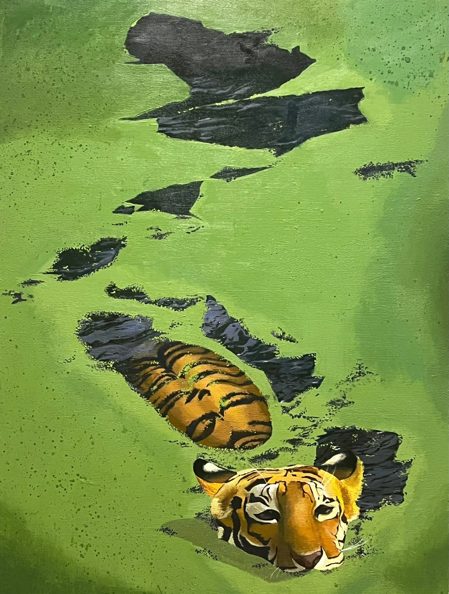 Painting of a tiger walking on green grass, with black stripes and an orange and white face.