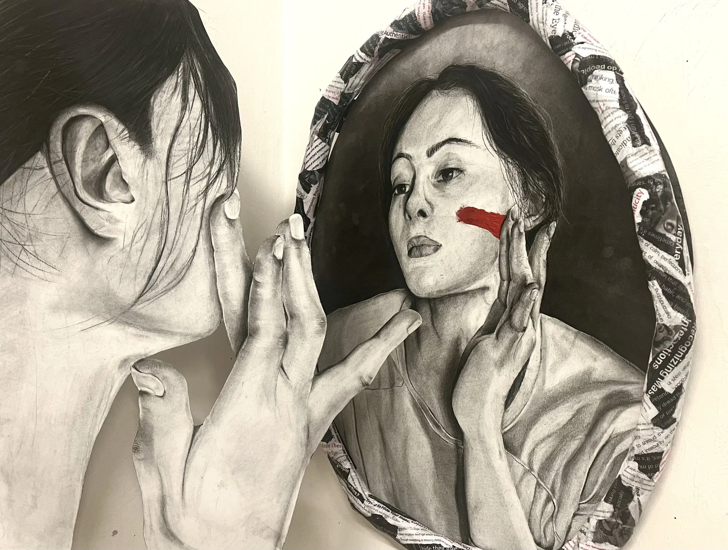 A mixed media art piece combining realistic pencil drawing and collage. The drawing depicts a woman's face and hands, with partial features. The collage elements include torn newspaper clippings forming a halo around her head and a red painted stripe