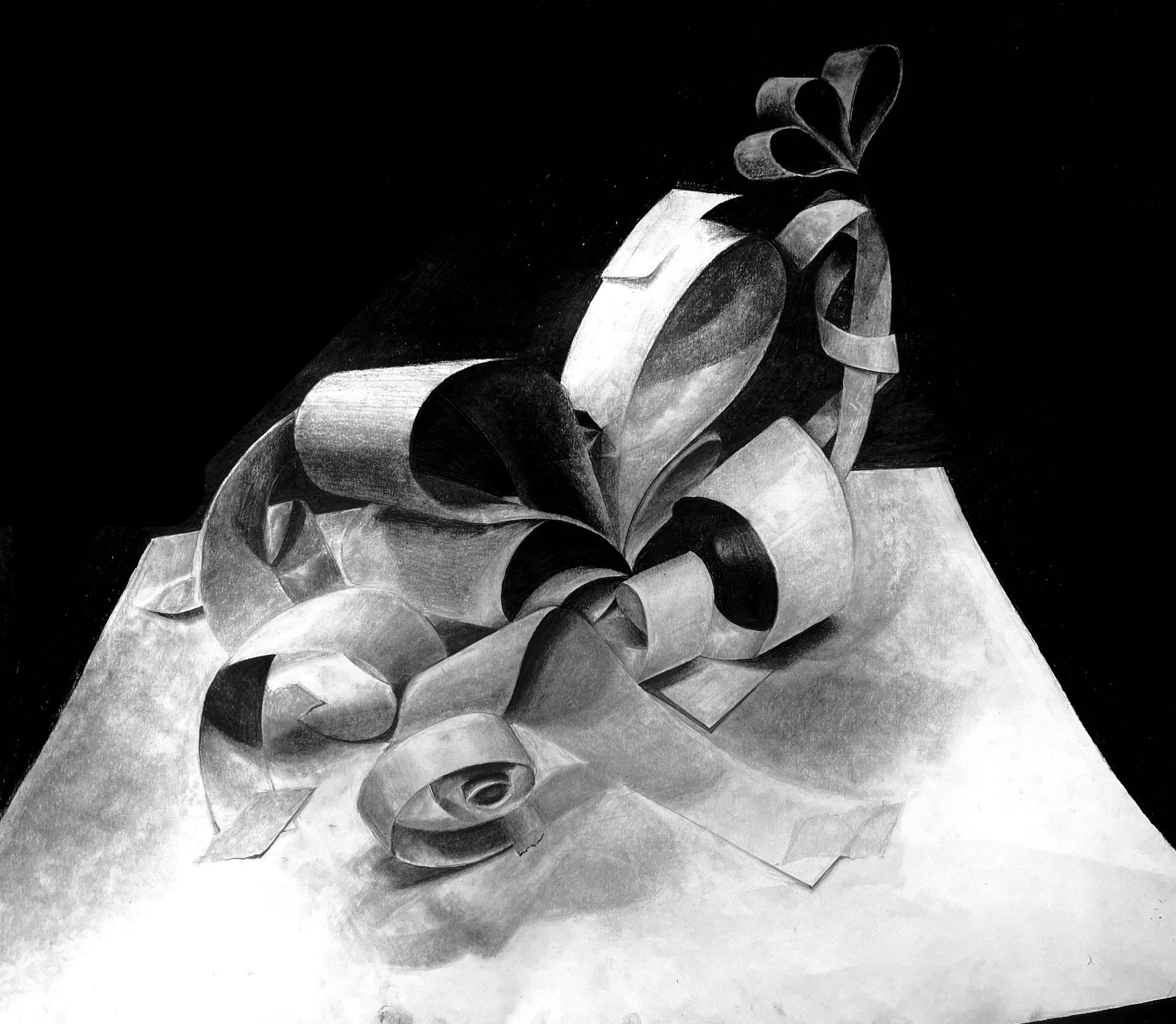 Black and white abstract drawing of a human face, featuring geometric shapes, shadows, and contours with a dark background.