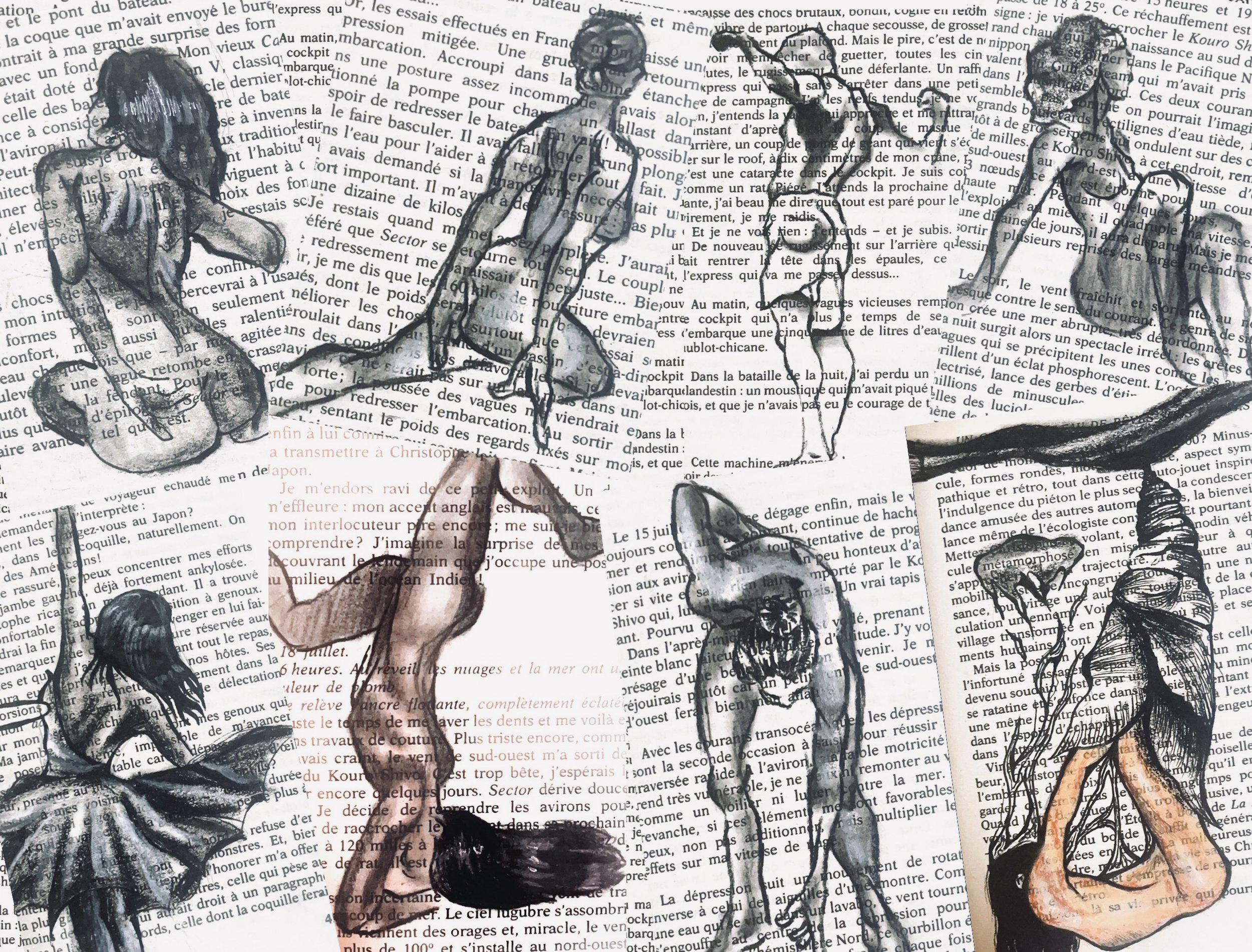 A mixed media collage featuring hand-drawn sketch illustrations of contorted bodies, layered over a background of overlapping pages of printed text in French.