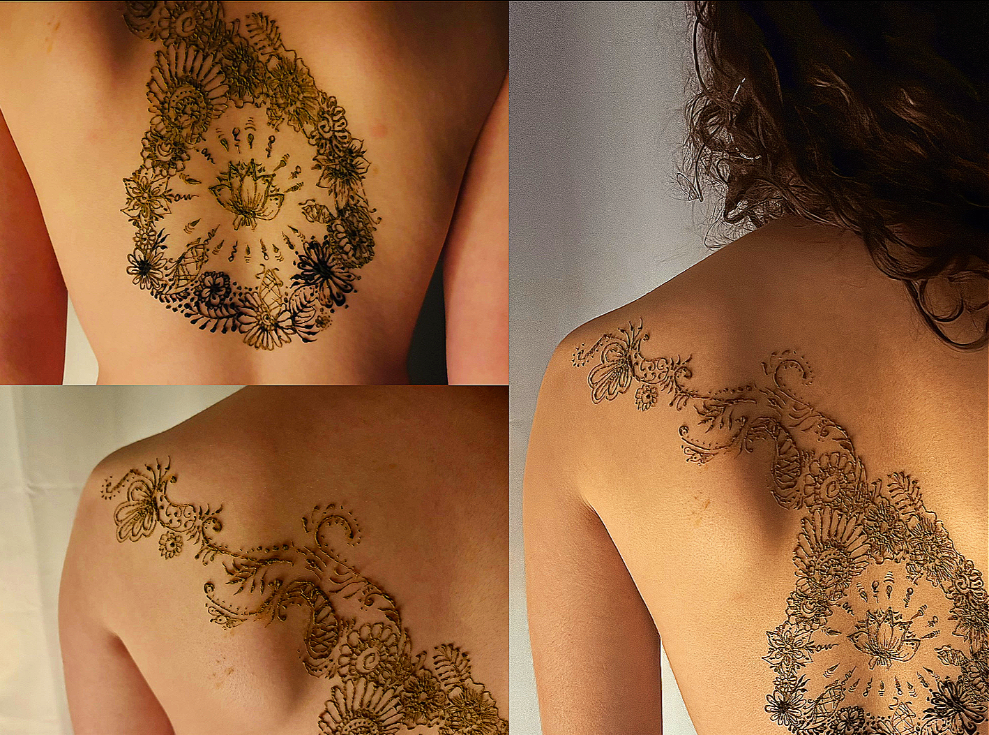 Temporary floral tattoo design with a butterfly, flowers, and decorative elements on shoulder and collarbone area, shown from different angles.