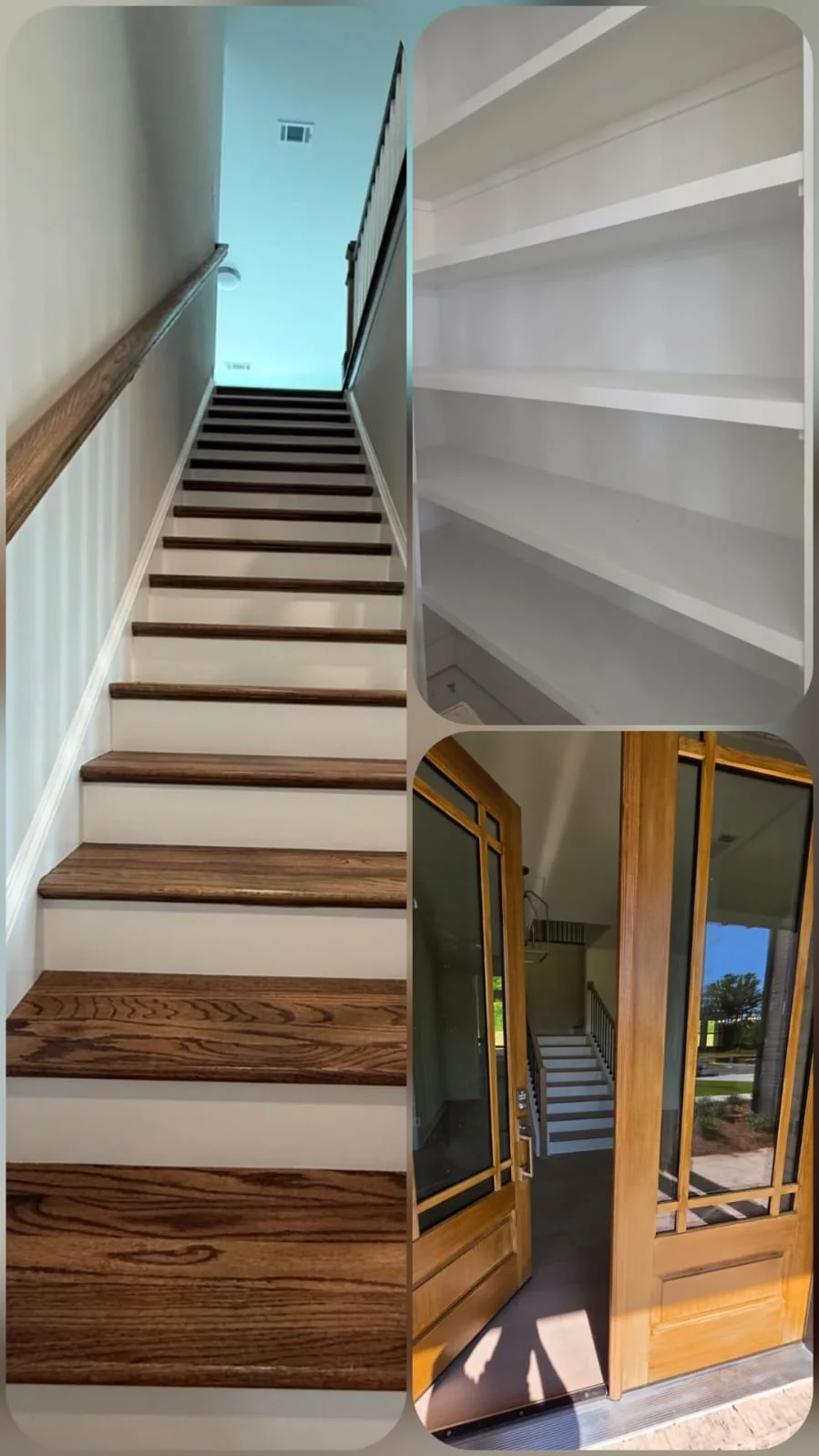 Collage of three images: the first shows a wooden staircase with white risers and a wooden handrail, viewed from the bottom looking upward; the second shows an empty white shelving unit with multiple shelves; the third shows an open wooden door with glass panels leading to a staircase inside a house, with sunlight shining through.