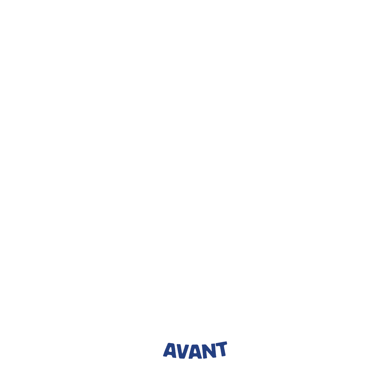 A black background with a white crest featuring a lion, a diagonal band with circles, and a scroll at the bottom with the word "AVANT".