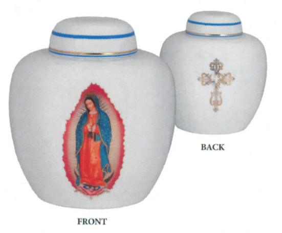White ceramic urn with a picture of the Virgin of Guadalupe on the front and a decorative cross on the back.