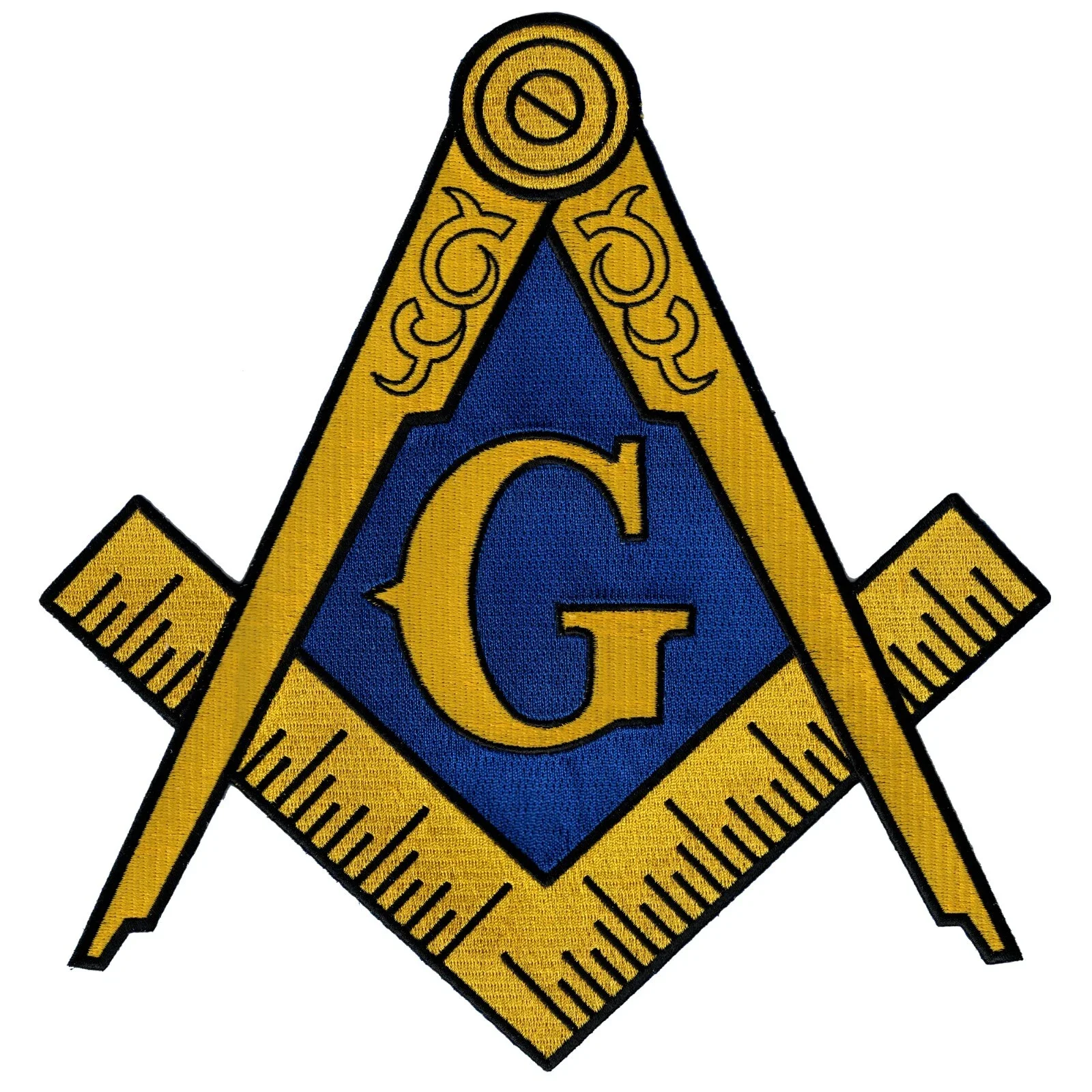 An embroidered badge of the Freemasonry square and compass symbol, with the letter G in the center, in gold and blue colors.