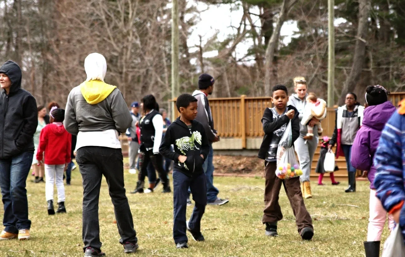 children with eggs at egg hunt