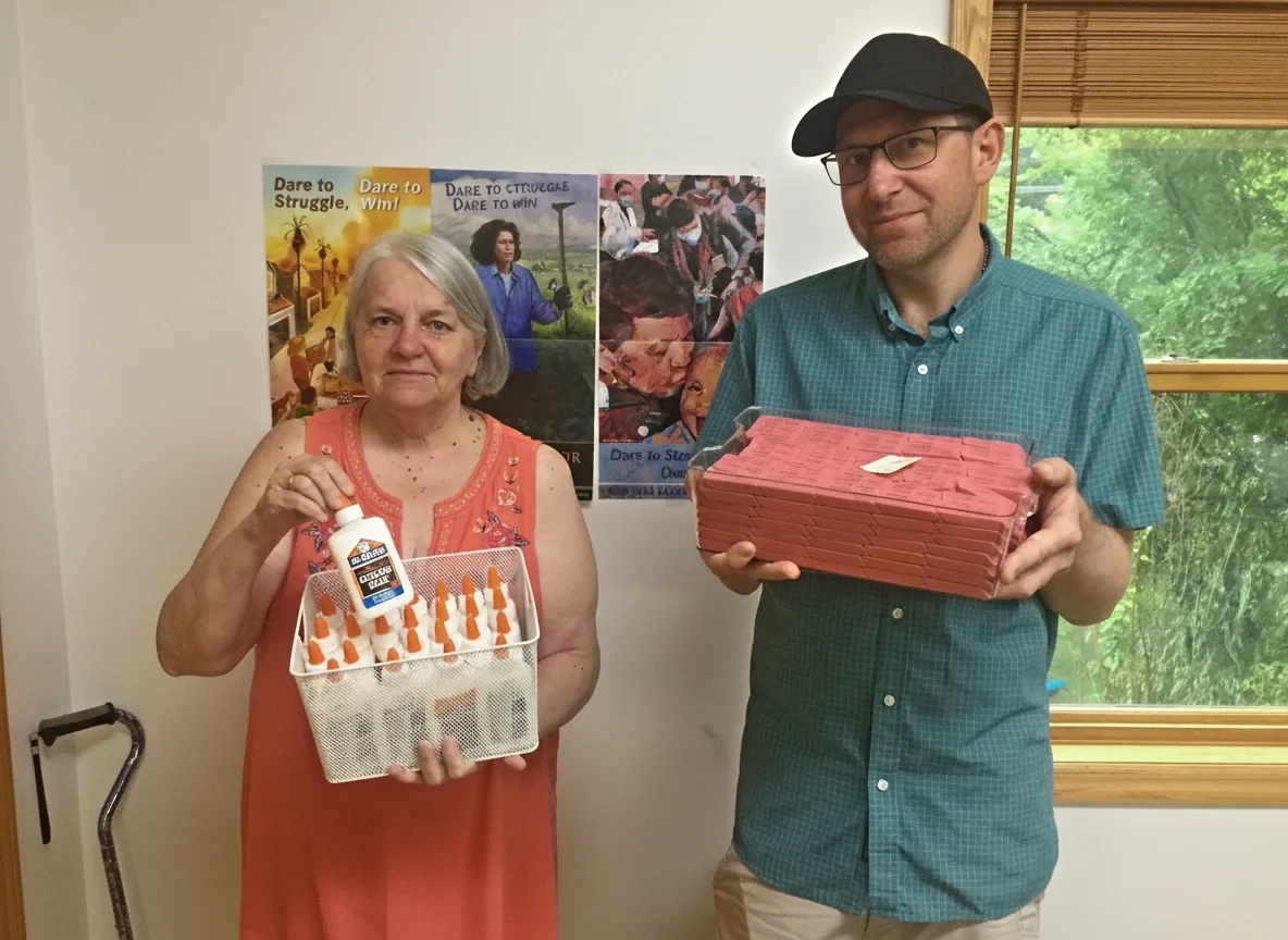 a male volunteer and a female volunteer holding school supplies