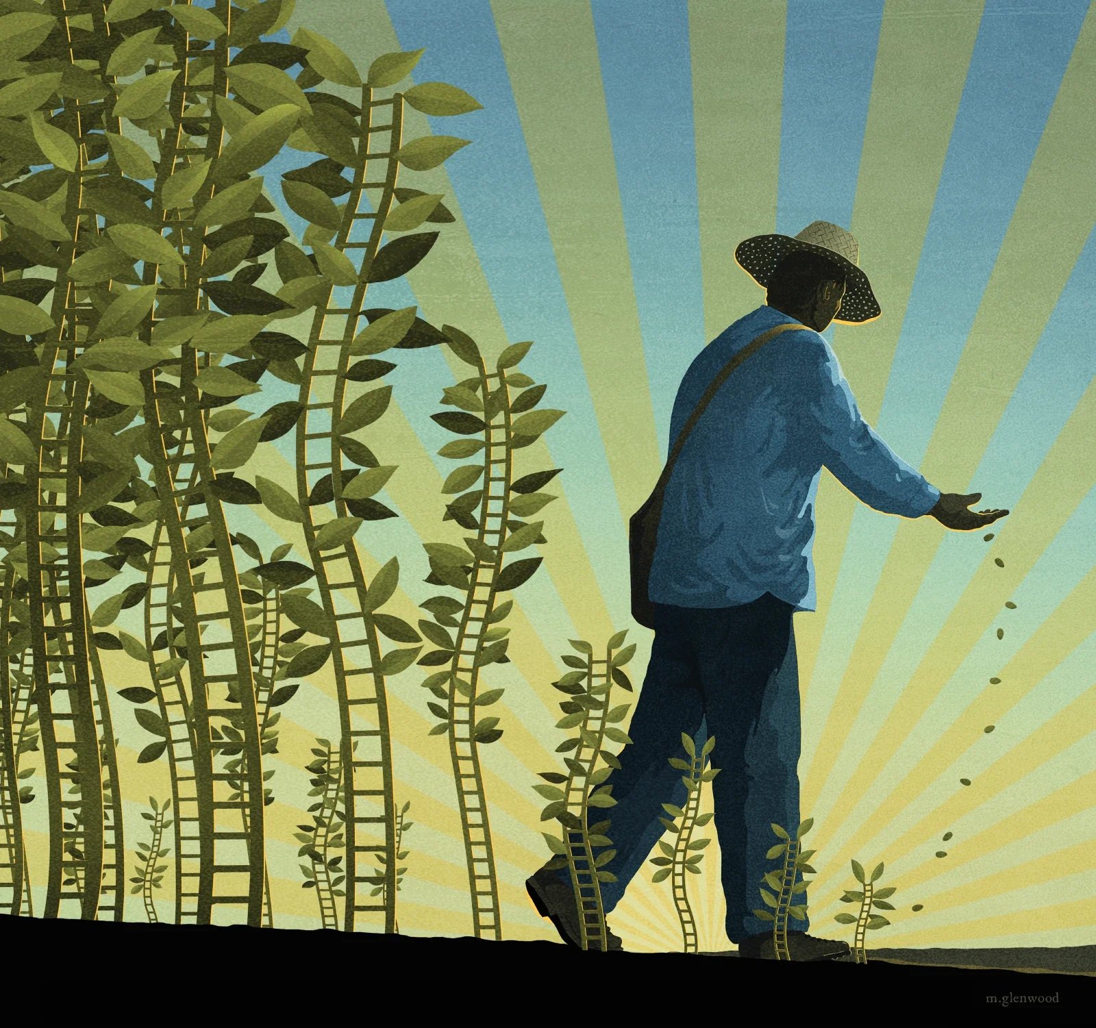 A painting of man dropping seeds from his hands by Michael Glenwood Gibbs