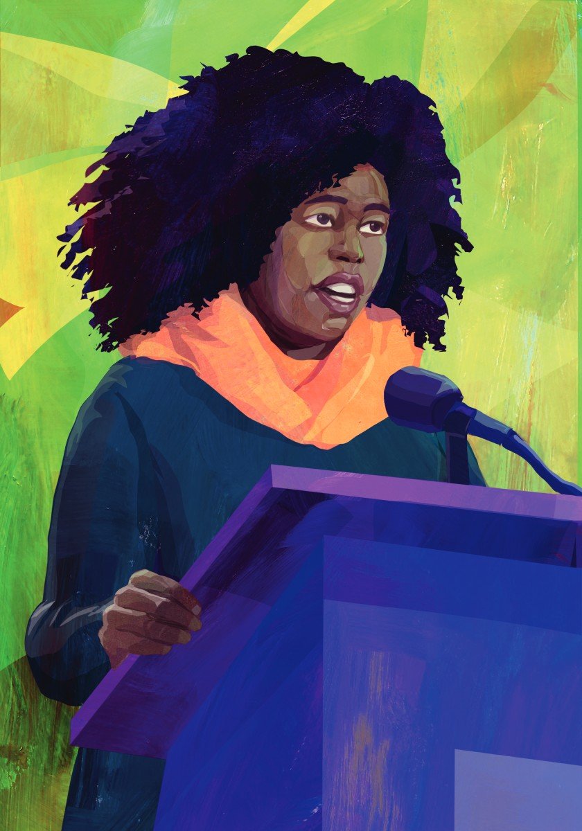 a painting of a woman standing behind a podium by London Ladd