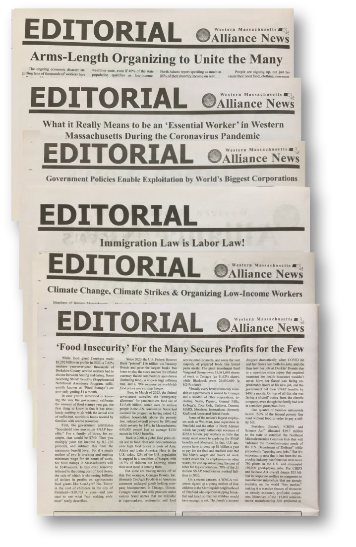 A stack of newspaper editorial pages with various headlines like, "'Food Insecurity' For the Many Secures Profits for the Few"