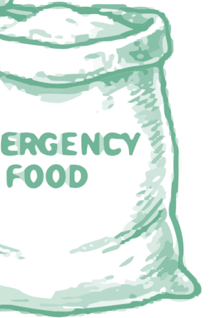 Drawing of a bag that says "EMERGENCY FOOD" in background