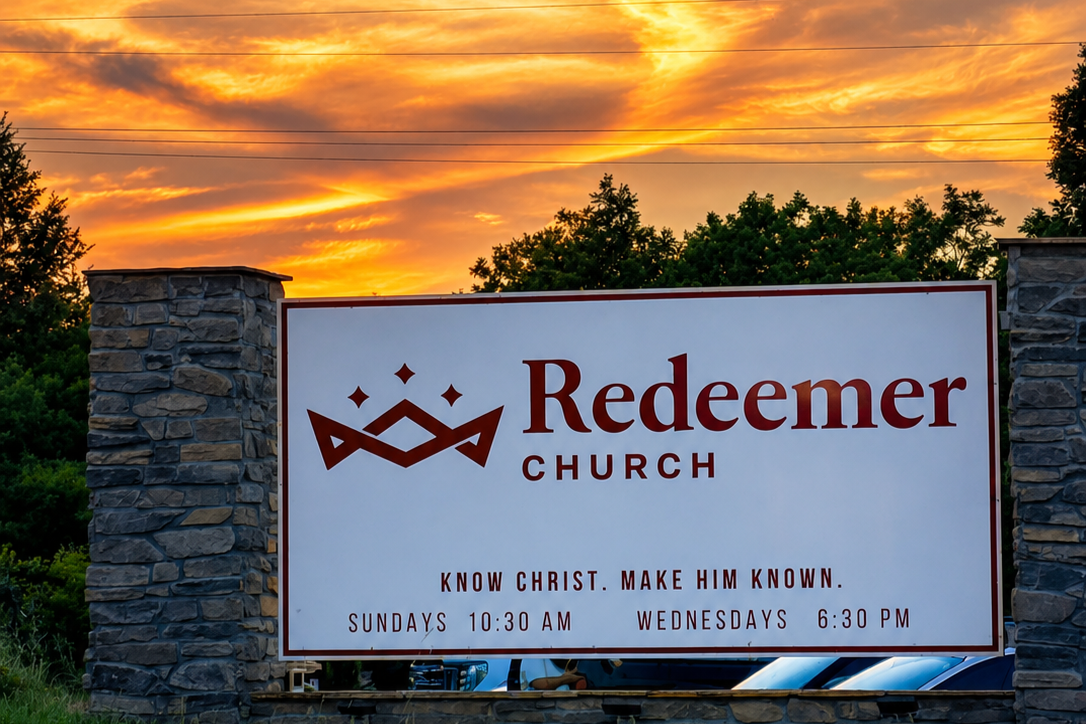 Sign for Redeemer Church against a sunset sky, with trees and power lines, displaying service times on Sundays at 10:30 AM and Wednesdays at 6:30 PM, and the slogan 'Know Christ. Make Him Known.'