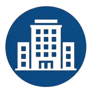 Icon of a multi-story building with a central tower, on a blue circular background.