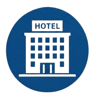 Icon of a tall hotel building with multiple windows and a sign that says 'HOTEL' at the top, on a blue circular background.