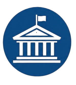 A blue circular logo featuring a white outline of a classical government building with columns, a pediment, and a flag on top.
