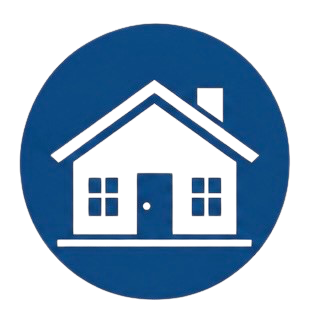 Blue circular icon with a house symbol and a roof.