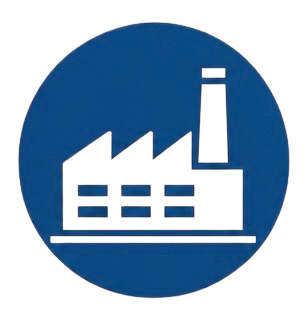 A blue circular logo featuring a white factory with a chimney.