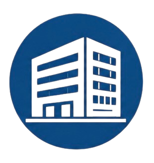 Icon of two modern office buildings inside a dark blue circle.