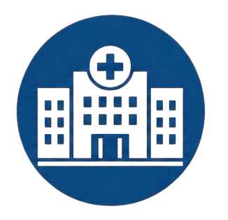 Icon of a hospital building inside a blue circular background, with a cross on top of the central structure.
