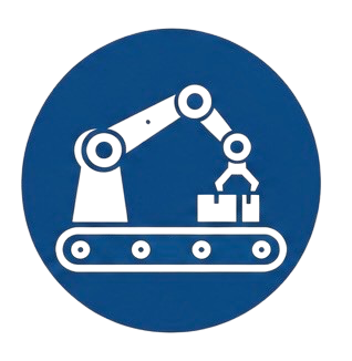 A blue circular sign featuring a line drawing of a robotic arm on a conveyor belt, indicating automated or robotic manufacturing.