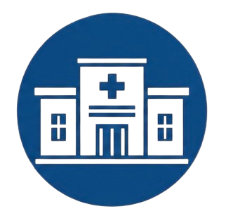 Logo of a medical facility featuring a white building with a blue cross above the entrance, set against a dark blue circular background.
