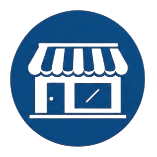 Icon of a storefront with an awning on a blue circular background.