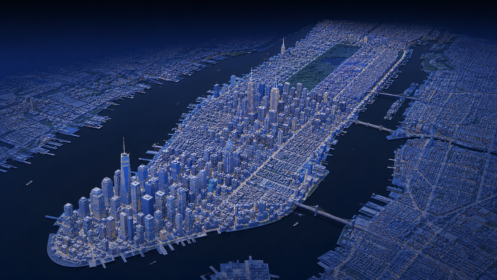 A digital aerial rendering of Manhattan, New York City, showing the skyline, the Hudson River, and bridges connecting the boroughs at night with city lights.
