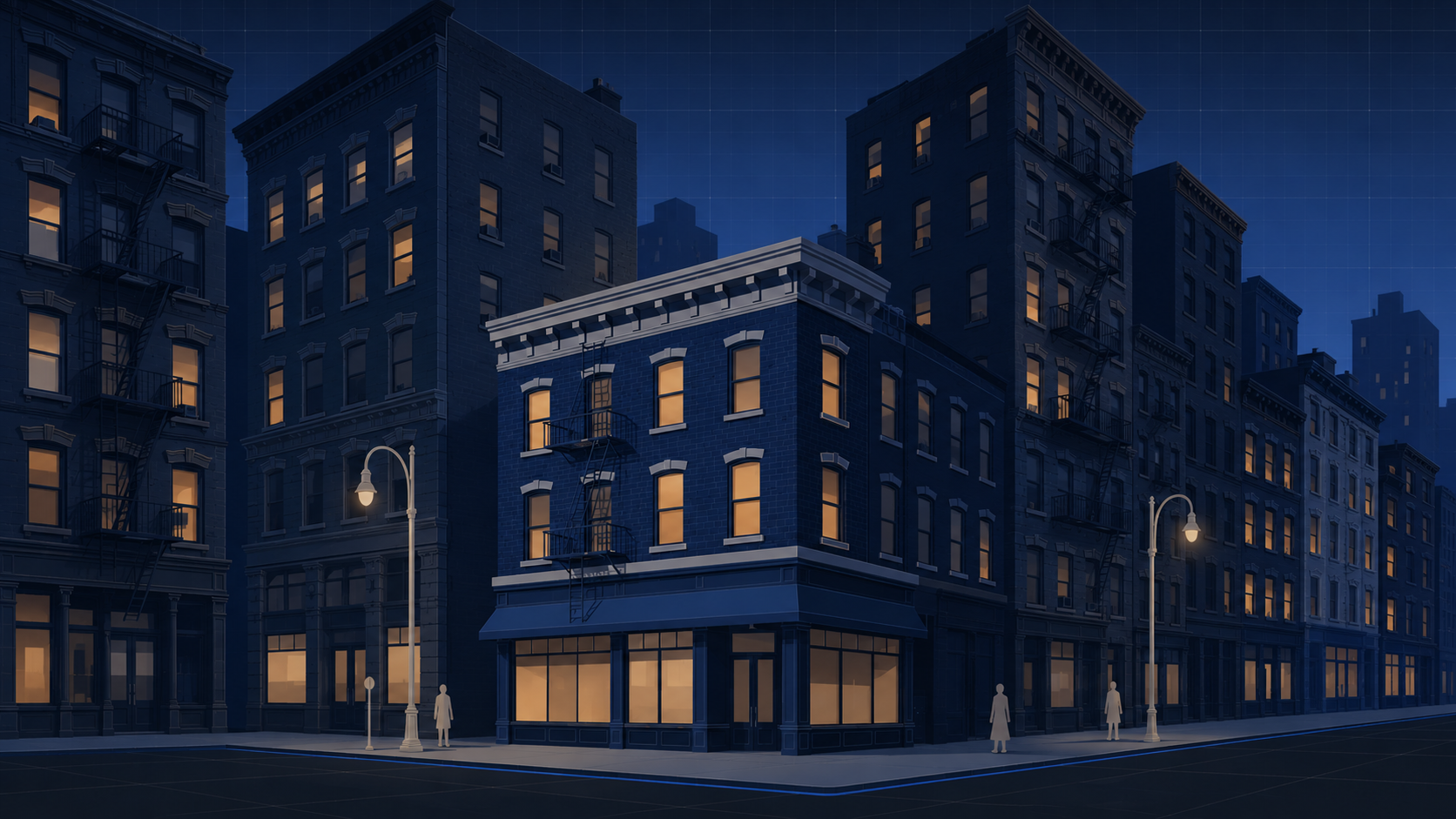 Nighttime city street with multi-story buildings, lit windows, street lamps, and three pedestrian silhouettes.