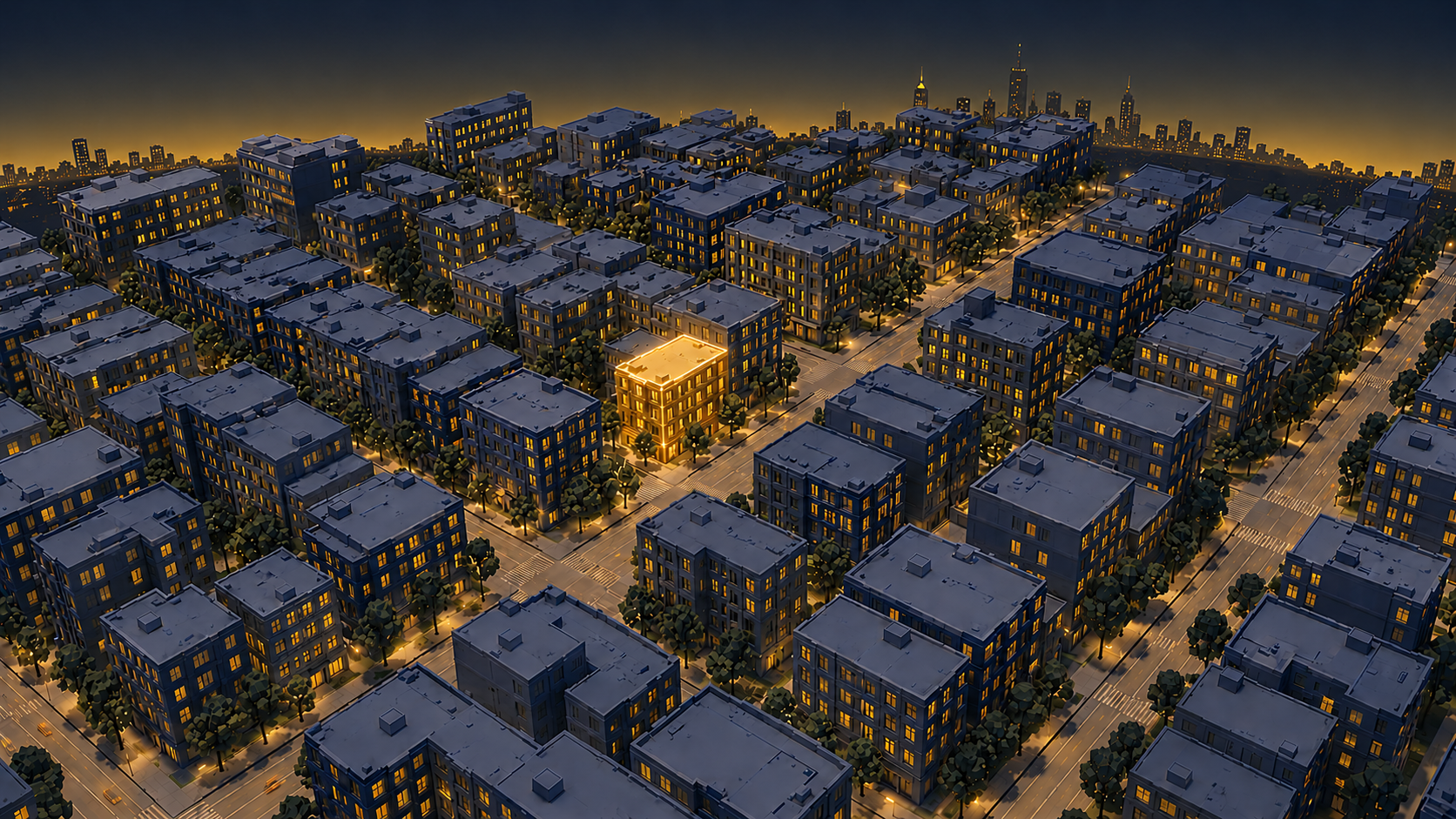 Nighttime aerial view of a grid of apartment buildings with one highlighted by bright yellow lighting, in a city skyline with tall buildings in the background.