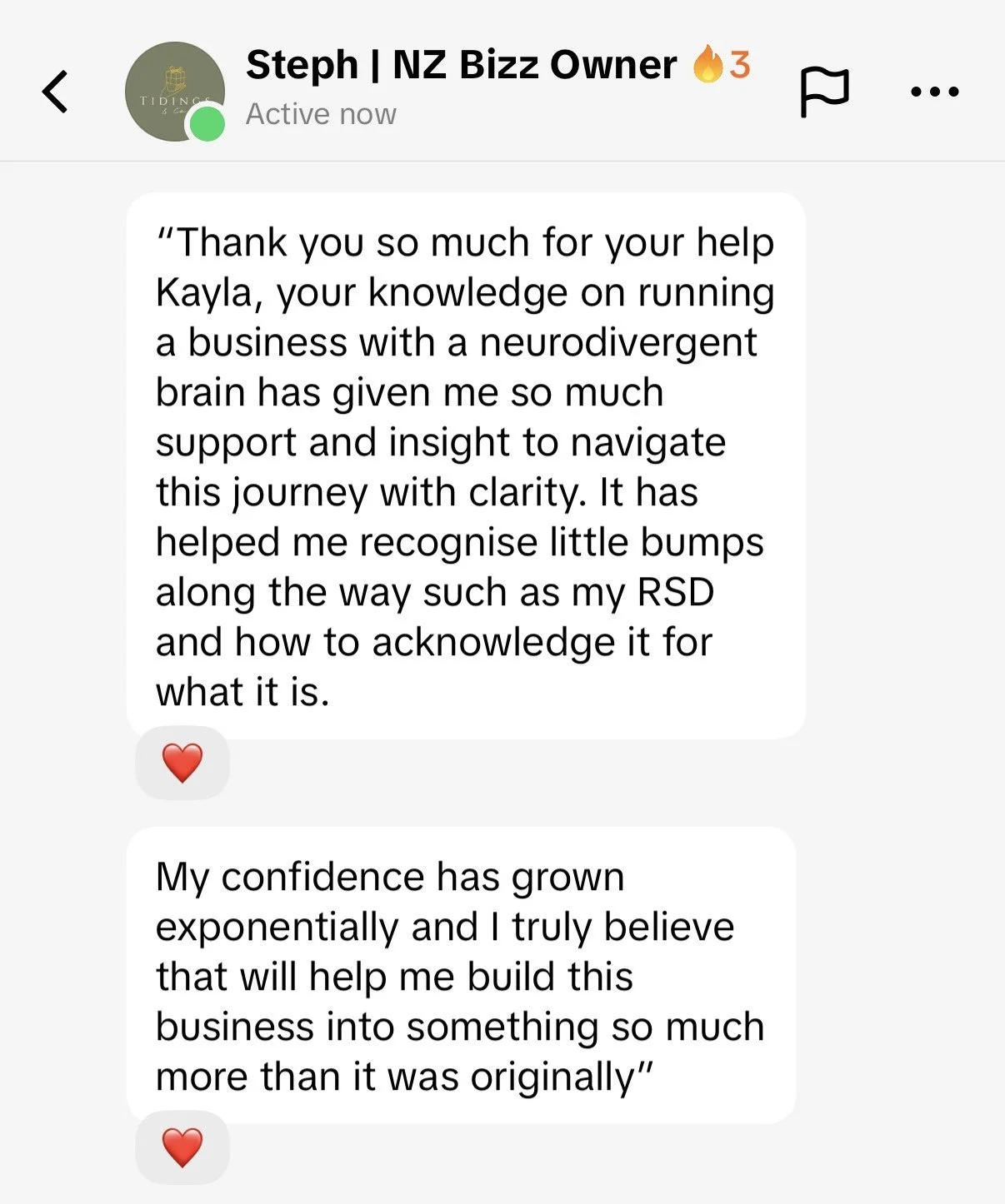 Screenshot of a chat conversation with a person named Steph, a NZ Bizz Owner, sharing a thank you message and expressing confidence growth.