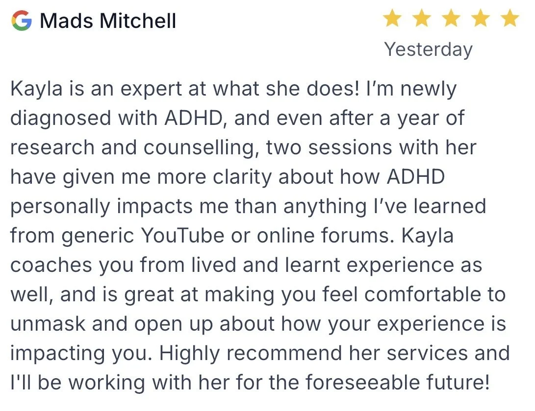 Review for coaching with Kayla Oughton with five stars.