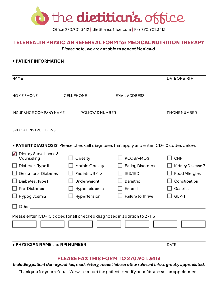 The Dietitian's Office interactive Referral Form.