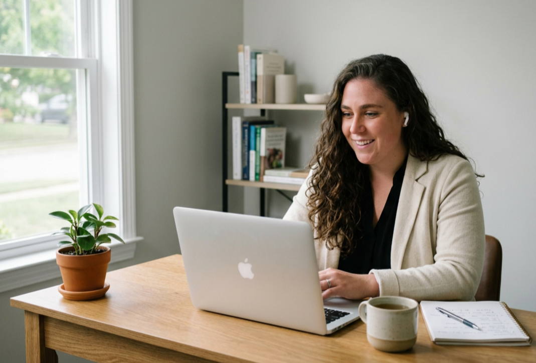Registered Dietitian Dayna Carpenter with The Dietitian's Office conducts a telehealth appointment from her home office.