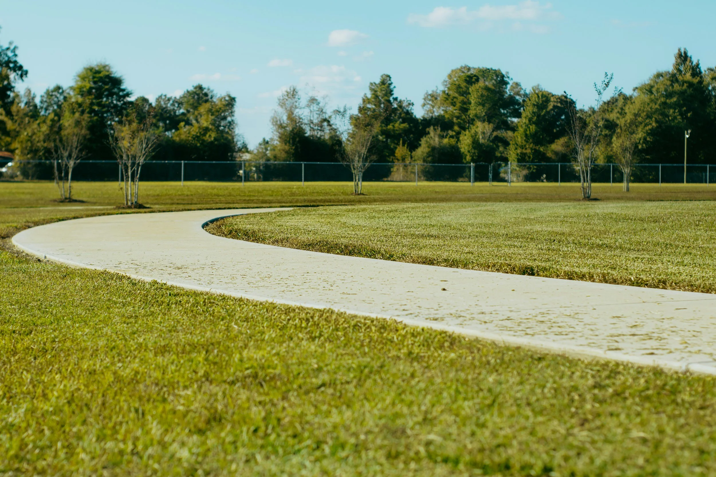 A winding concrete path through a grassy park with trees and a chainlink fence in the background.
